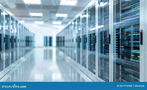 Row Of Server Racks In A Modern Data Center With A Focus On Network And