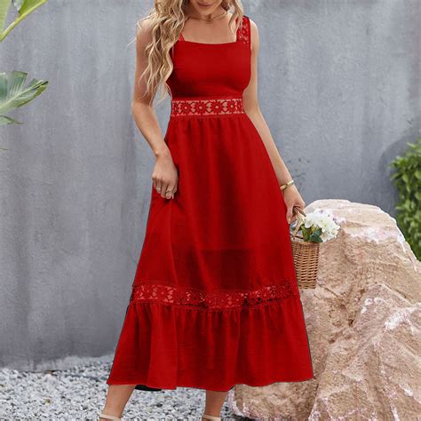 Munlar Square Neck Womens Sun Dress Red Sleeveless Dress Floral Lace Casual A Line Midi Dress