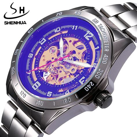 Shenhua Luxury Blue Transparent Glass Automatic Men Mechanical Watches