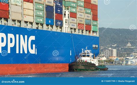 Tugboat America Assisting Cargo Ship Cosco Shipping Himalayas Editorial