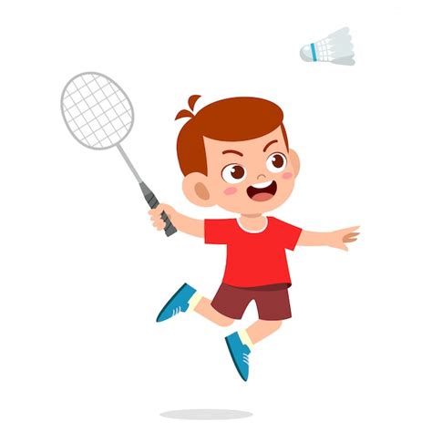 Feliz Niño Lindo Niño Jugar Tren Bádminton Vector Premium