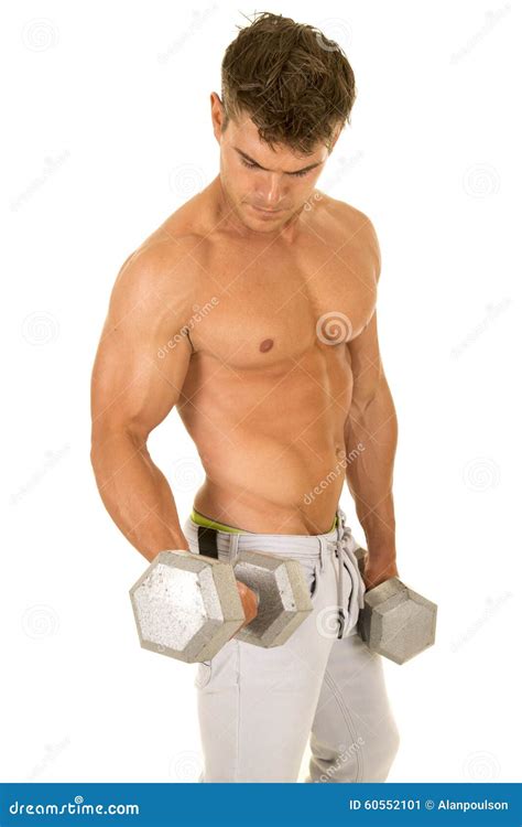 Shirtless Strong Man Denim Pants Hold Weights Down Stock Image Image