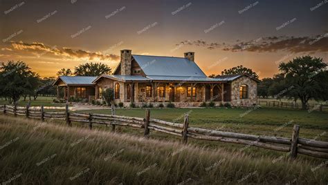 Rustic Stone Ranch House at Sunset with Fence | Hi-Res Image