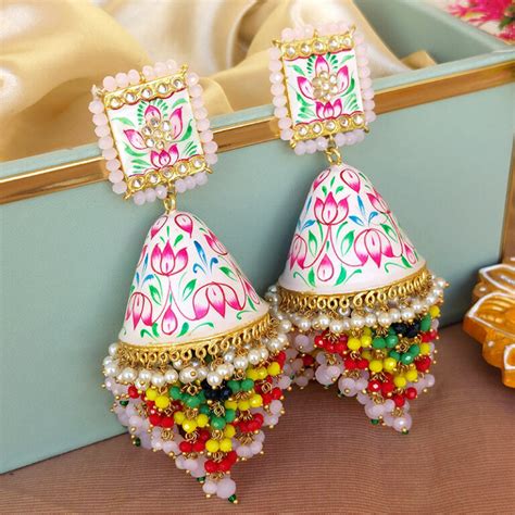 Big Light Pink Meenakari Layered Jhumka Pearl Earring Fashioncrab