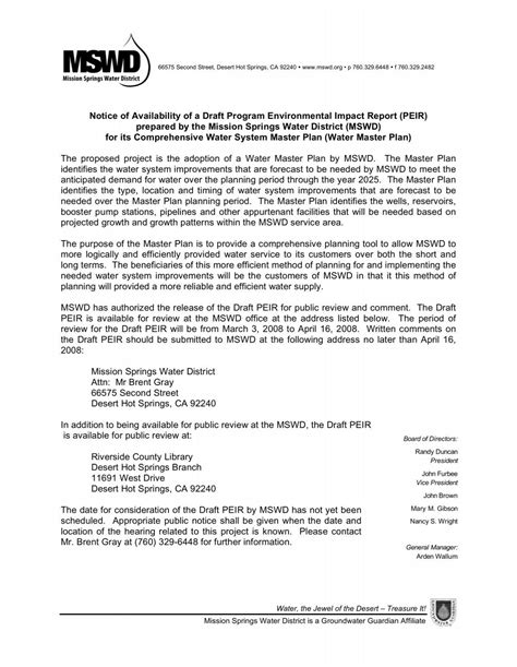 Water Master Plan PEIR - Mission Springs Water District