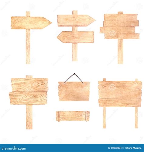 Watercolor Wooden Sign Boards And Arrows Set Stock Illustration