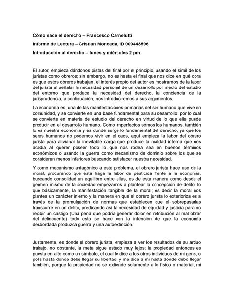 C Mo Nace El Derecho Francesco Carnelutti Informe De Lectura C Mo