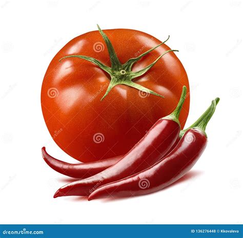Tomato And Chili Pepper Isolated On White Background Stock Photo