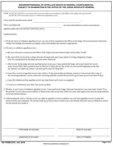 DD Form 2331 Waiver Withdrawal Of Appellate Rights In General Courts