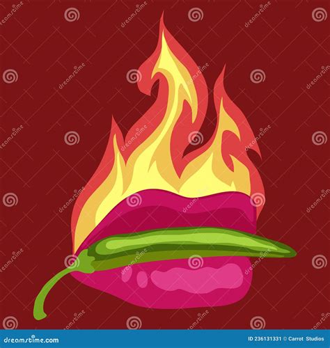 Lips With Red Hot Chili Pepper And Fire Vector Illustration Stock