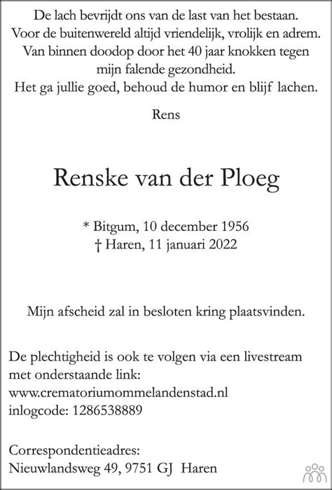 Renske Van Der Ploeg 11 01 2022 Overlijdensbericht En Condoleances