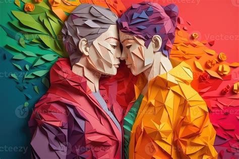 Lesbian Couple Hugging Each Other Illustration In Paper Art Style For