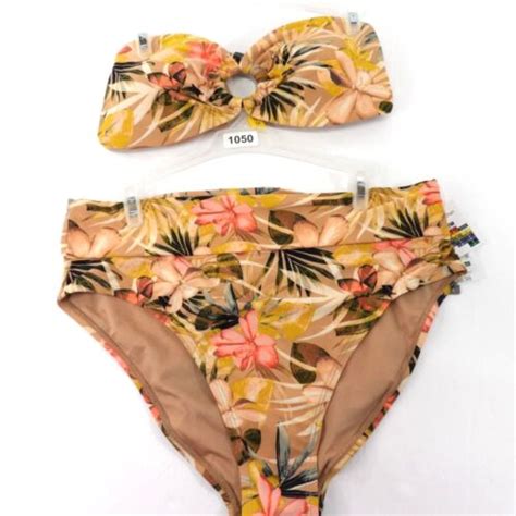 Women S Tan Floral Bikini Bandeau Top Fold Over Waist Band Bottom L