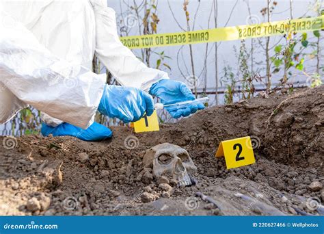 Criminal Specialist Inspecting Crime Scene, Examining Bullet Evidence ...