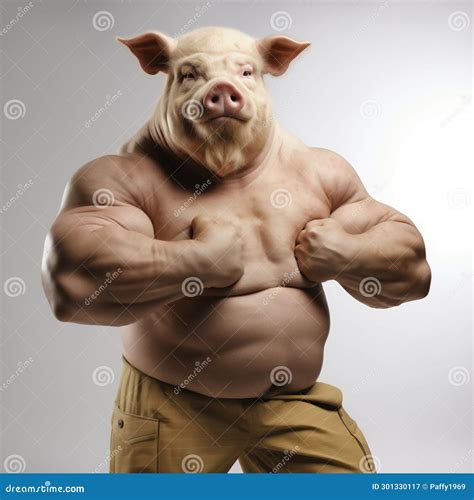 Anthropomorphic Pig Bodybuilder Showing Biceps Standing On A White