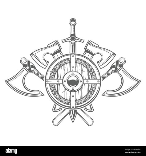 Emblema Con Escudo Vikingo Redondo Y Brazos Fr Os Cruzados Hachas Y