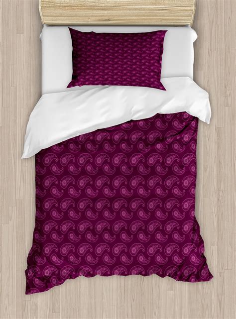 Purple Duvet Cover Set Ornamental Curved Abstract Paisley Boteh Persian Cucumbers Teardrop