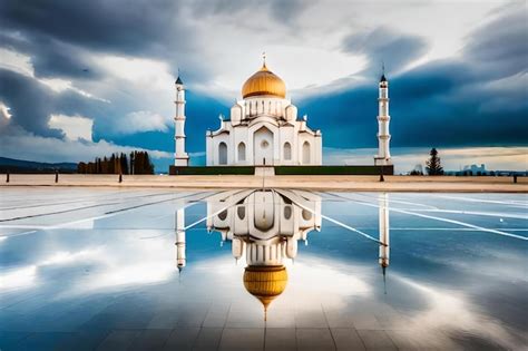 Premium Ai Image A Mosque With A Reflection Of The Sky And Clouds