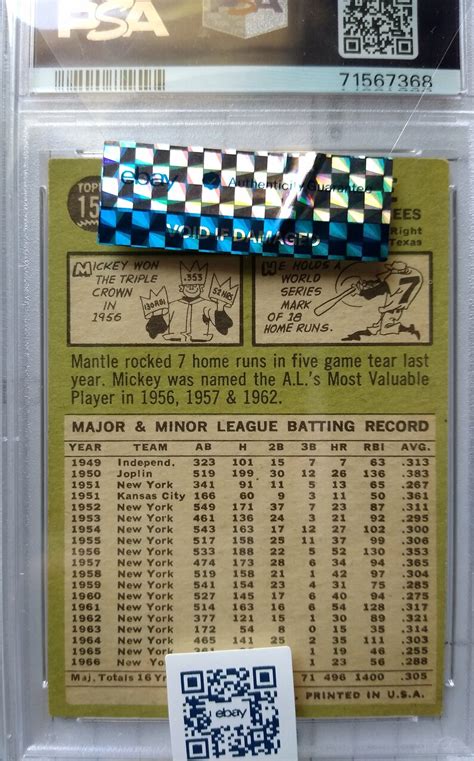 1967 Topps Mickey Mantle New York Yankees Psa 4 Vg Ex Ebay