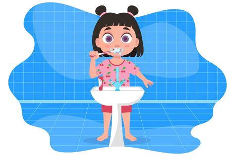 Girl In Pajamas Brushing Her Teeth In The Bathroom 12569251 Vector Art