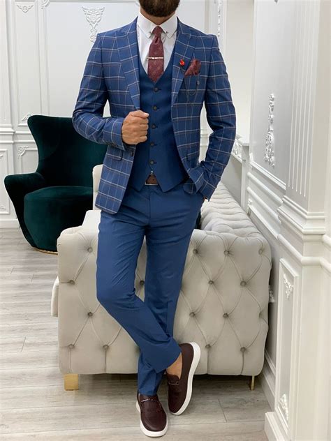 Blue Slim Fit Peak Lapel Plaid Suit By BespokeDailyShop