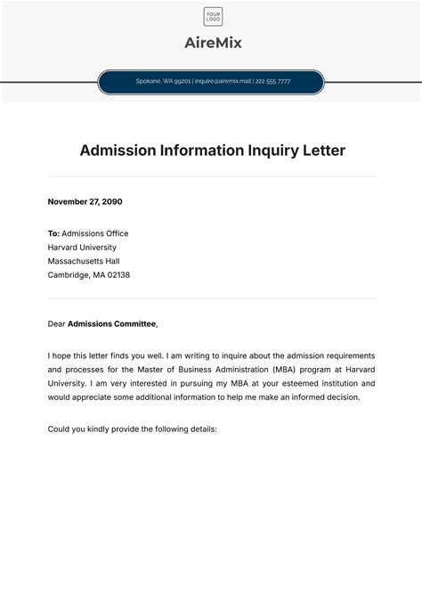 Free Admission Information Inquiry Letter Template To Edit Online