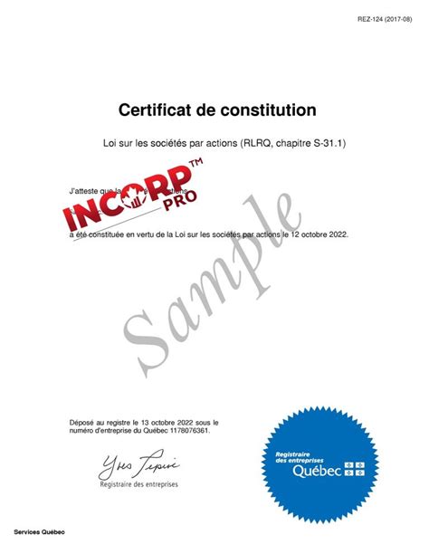 Certificate Of Incorporation Quebec Incorporation Pro