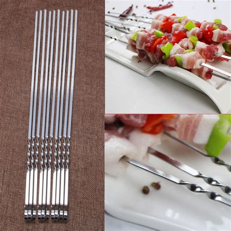 10 Pcs Stainless Steel Flat Meat Skewers For Outdoor Bbq Barbecue Y102