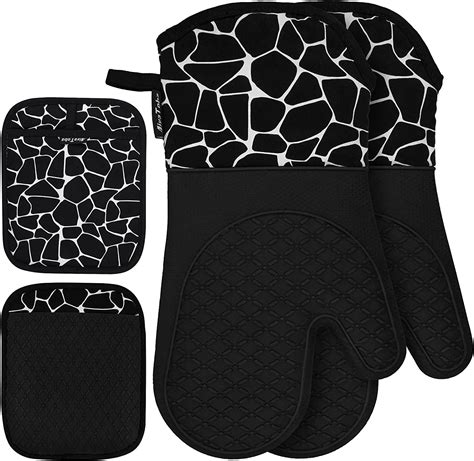 Oven Gloves Heat Resistant With 2 Pot Holders Non Slip Black Cotton