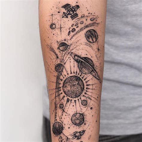 Fine Line Sketch Style Planets Tattoo Planet Tattoos Etching Tattoo