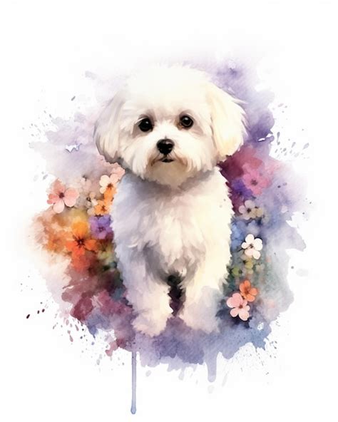 Premium AI Image | Painting of a white dog with flowers on a white background generative ai