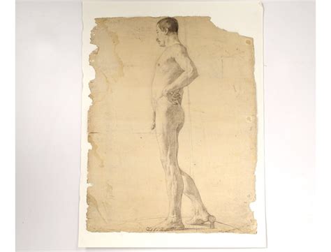 Naked Man Academy Study Pencil Drawing Signed Romieu Xixth Century