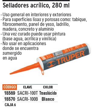 18569 SACRI 100T TRUPER Sellador Acrilico De 280 Ml Transparente Truper