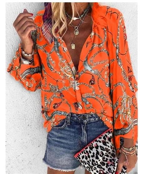 Design Plus Size Women Blouse V Neck Long Sleeve Chains Print Blouses