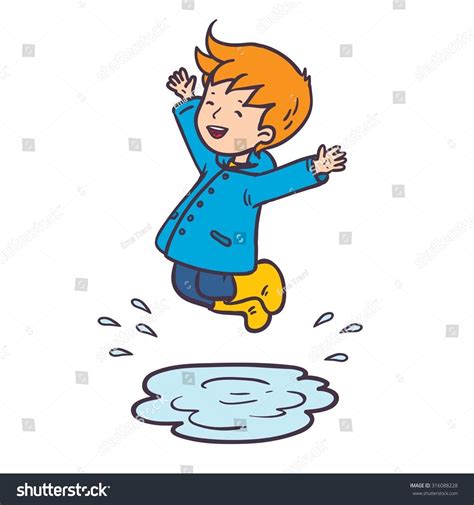 Boy Jumping Puddle Vector Color Illustration Stock Vektorgrafik