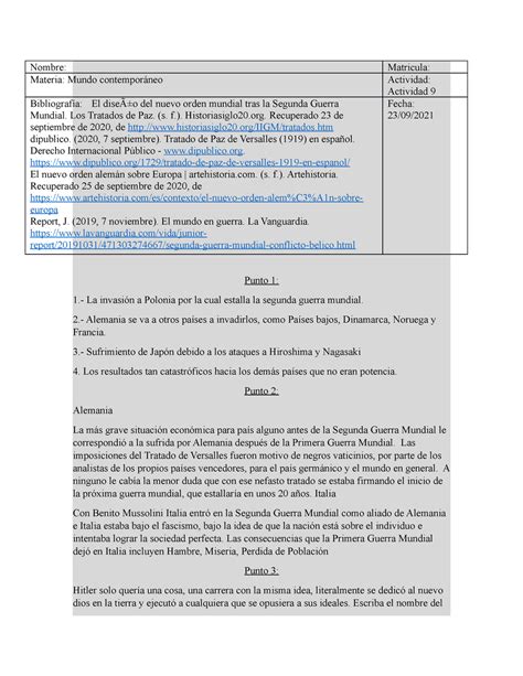 ACTIVIDAD 9 EL MUNDO CONTEPORANEO Nombre Matricula Materia Mundo