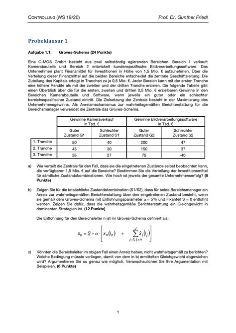 Probeklausur Vom Wintersemester Controlling Ws Prof Dr