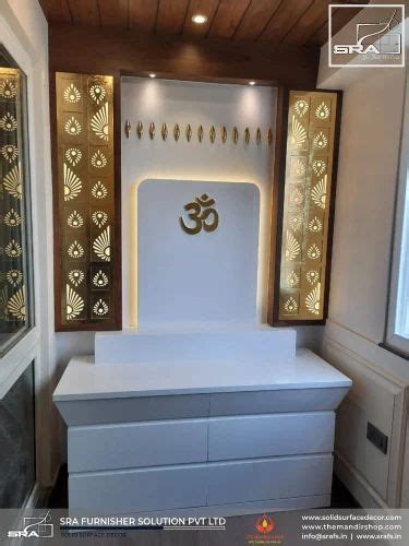 White Glossy Corian Mandir With Gold Leaf Design For Home Size