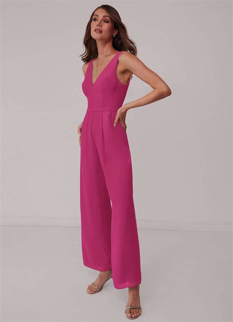 Barbie Pink Shirred V Neck Chiffon Jumpsuit Bridesmaid Dresses Azazie