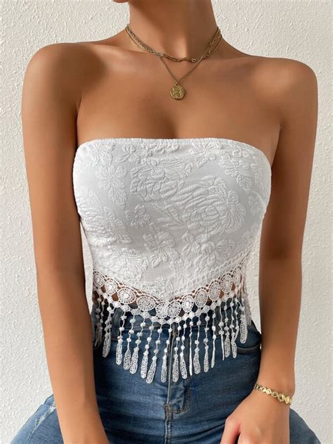 SHEIN Essnce Jacquard Guipure Lace Fringe Hem Tie Back Crop Tube Top