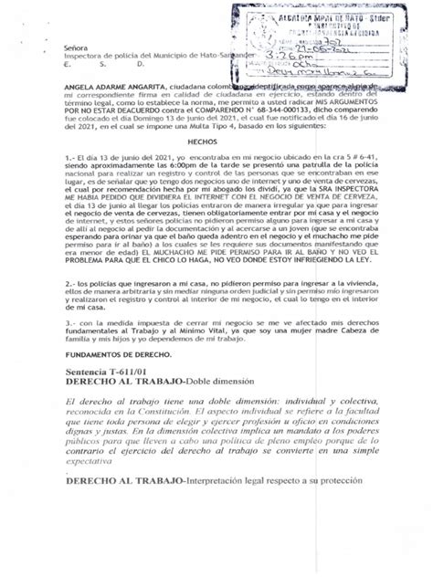 Derecho De Peticion Angela Adarme Comparendo Pdf