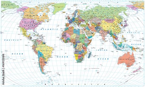 Colored World Map Borders Countries Roads And Cities Isolated On