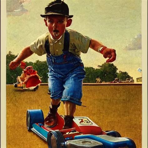 A Norman Rockwell Painting Of A Boy Driving His Stable Diffusion