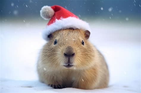 Premium AI Image Capybara Wearing A Santa Hat In The Snow Generative AI