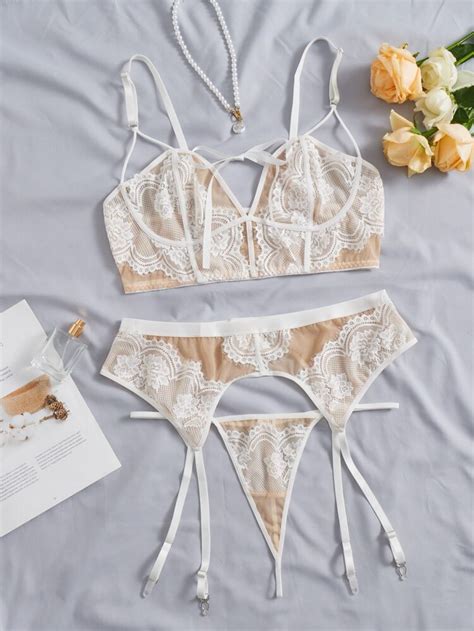 Plus Floral Lace Cut Out Garter Lingerie Set SHEIN UK