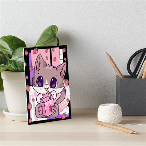 Cute Kawaii Cat Strawberry Milk Anime Neko Shake Art Board Print For