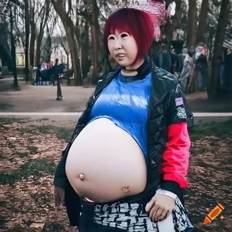 Candid Portrait Of A Pregnant Japanese Woman In A Jacket At A Theme Park