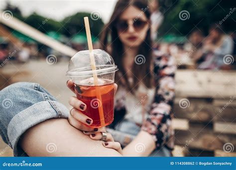 Strawberry Lemonade In Hand Stylish Hipster Woman In Sunglasses Stock