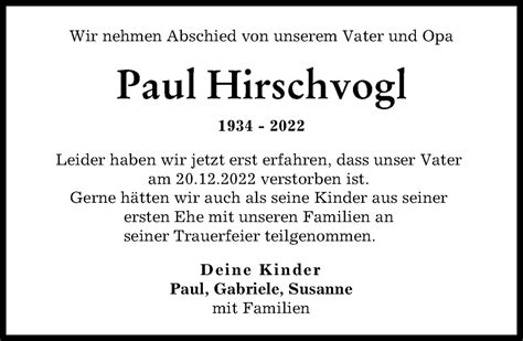 Traueranzeigen Von Paul Hirschvogl Augsburger Allgemeine Zeitung