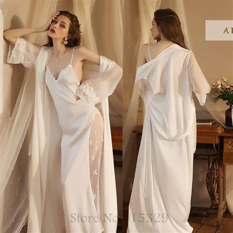 Wedding Bride Robe Set Women Sexy Lace Patchwork Nightgown Long Kimono